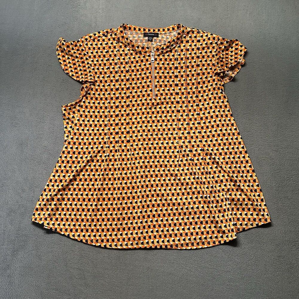 Cocomo Womens 1X Geometric Blouse Orange Flutter Sleeve 1/4 Zip Stretch EUC